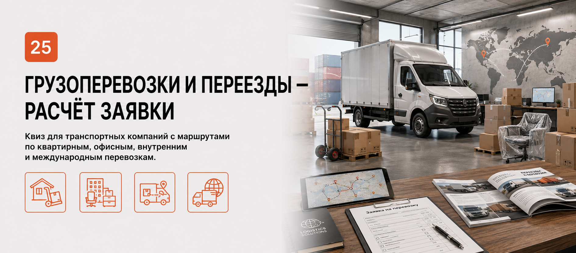 Шаблон квиза «Грузоперевозки и переезды — расчёт заявки» в конструкторе Quizi.by
