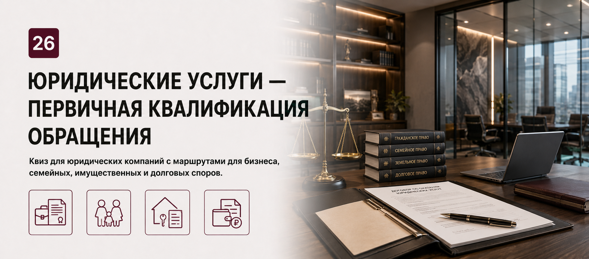 Шаблон квиза «Юридические услуги — первичная квалификация обращения» в конструкторе Quizi.by