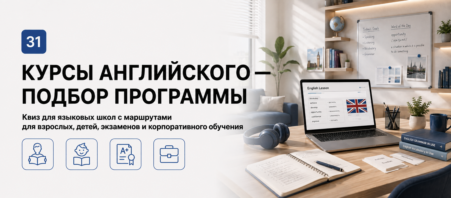 Шаблон квиза «Курсы английского — подбор программы» в конструкторе Quizi.by