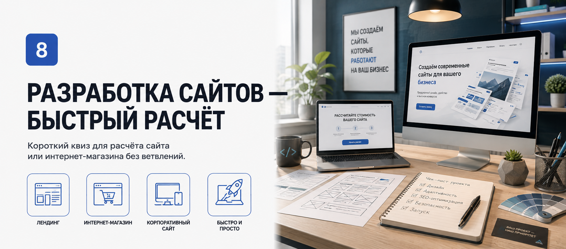 Шаблон квиза «Разработка сайтов — быстрый расчёт» в конструкторе Quizi.by