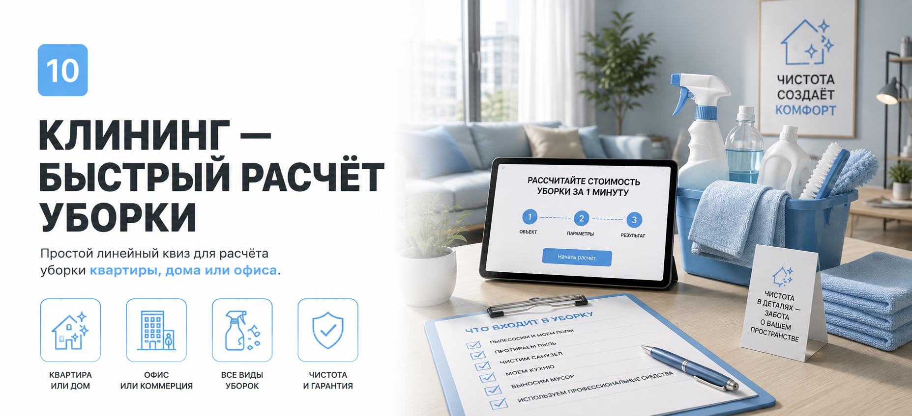 Шаблон квиза «Клининг — быстрый расчёт уборки» в конструкторе Quizi.by